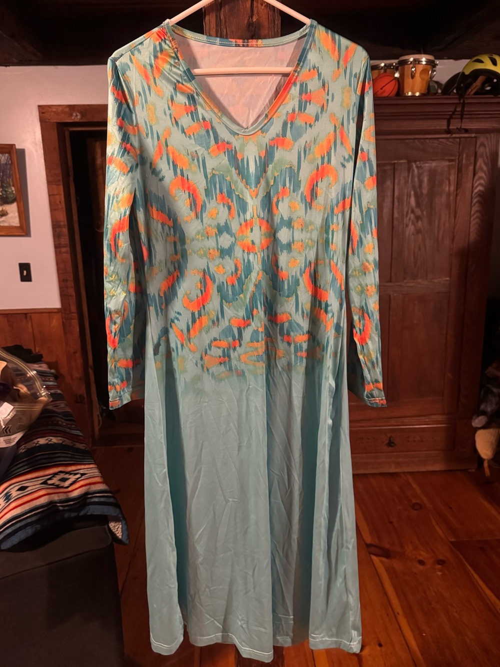 Source Unknown Light Blue V-Neck Long Sleeve Patterned Dress